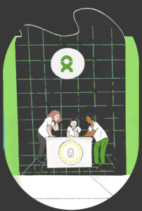 Illustration: Three people sit at a data protection desk at Oxfam GB