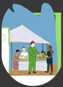 Illustration: a group of people at a stall selling bread