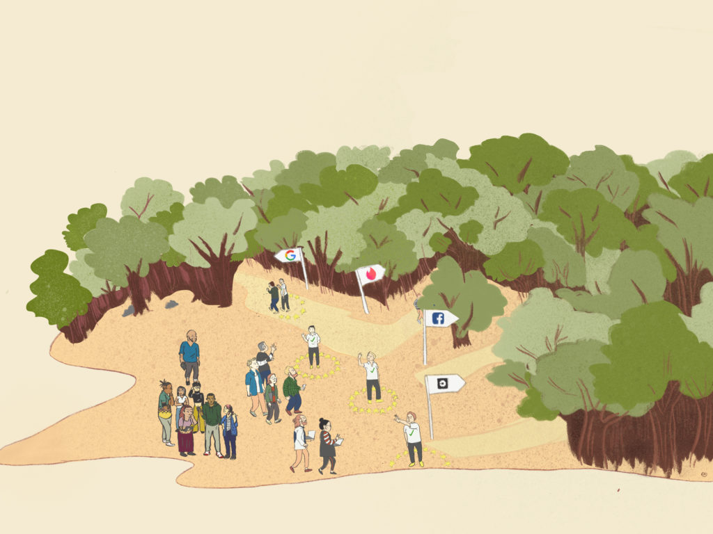 a group of people navigating a forest, which represents their data rights